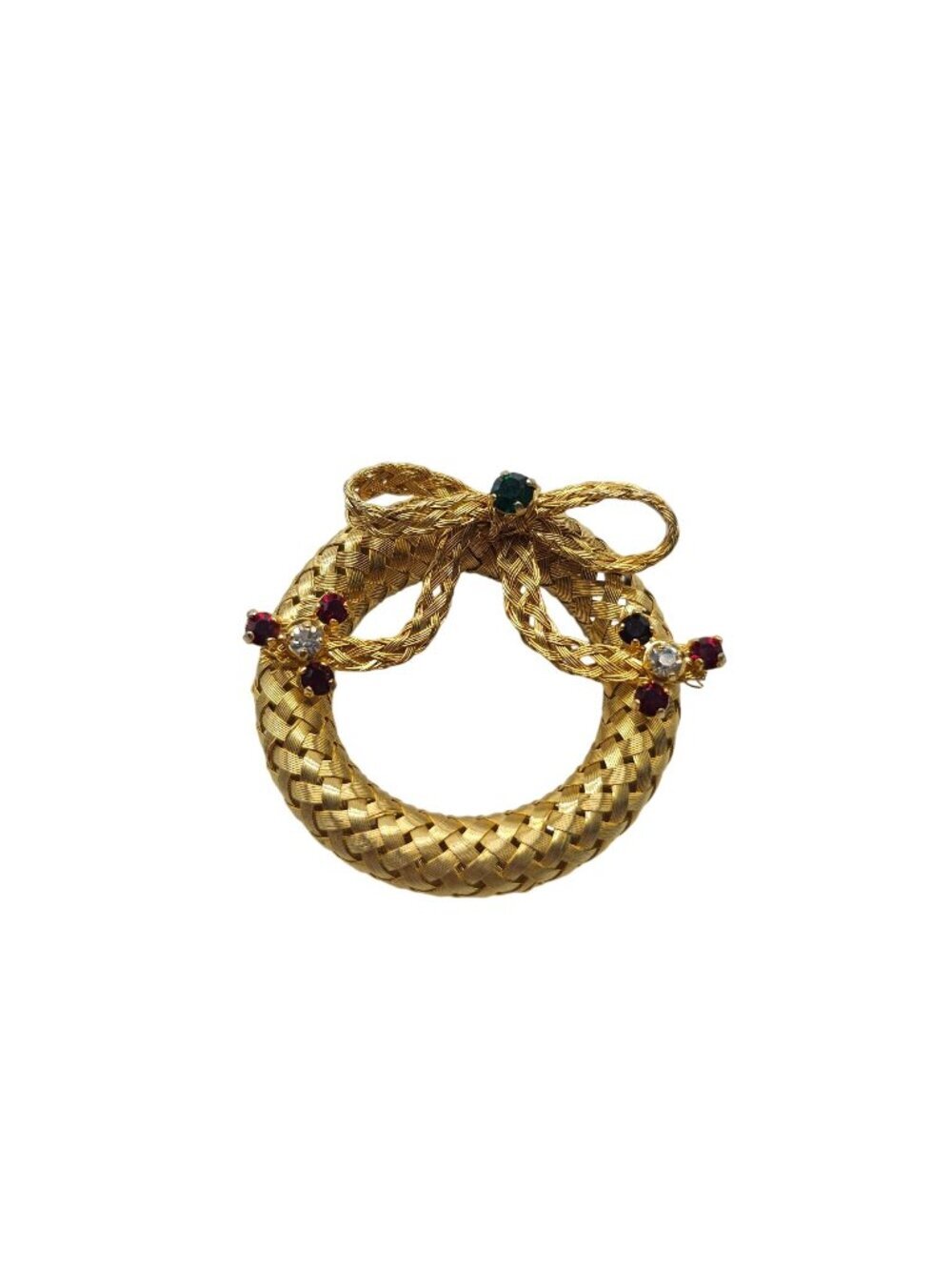 Gold-Tone Wreath Brooch With Bow & Multicolor Rhinestones 1.5 Inches